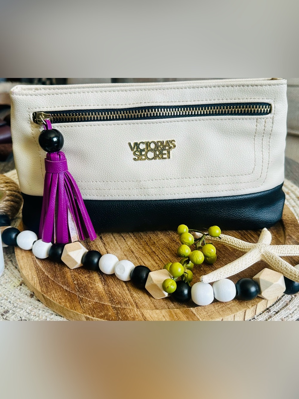 Victoria's Secret Vintage Two-Tone Black/Cream Clutch w/Purple Tassel